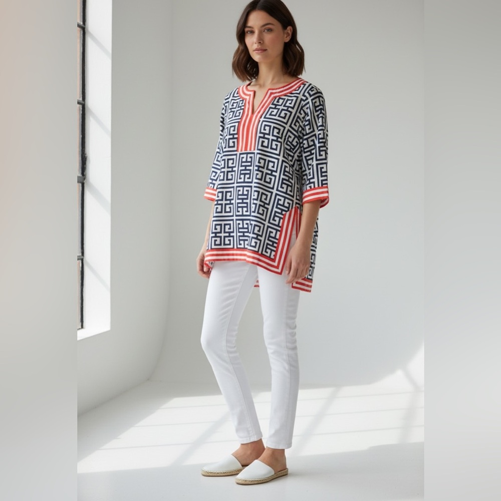 GRETCHEN SCOTT BLUE WHITE & ORANGE TRIM COTTON TUNIC SHIRT EXCELLENT COND XS